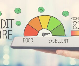 Illustration of a credit score gauge showing a score in the excellent range